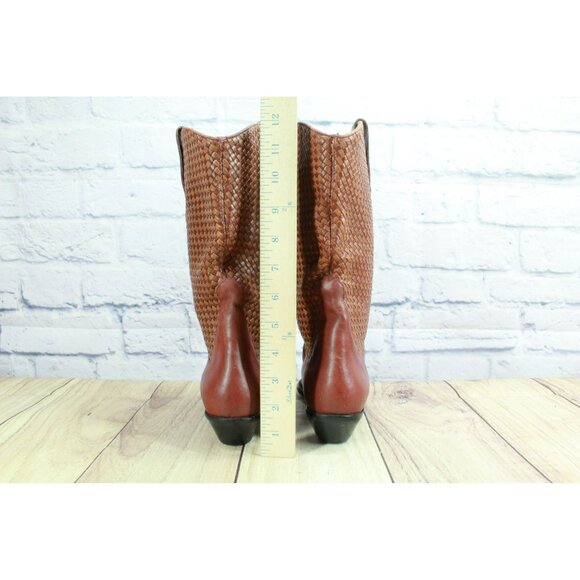 Vintage LL Bean Dingo Brown Braided Leather Western Pull-On Boots Size 6 M - Picture 6 of 10